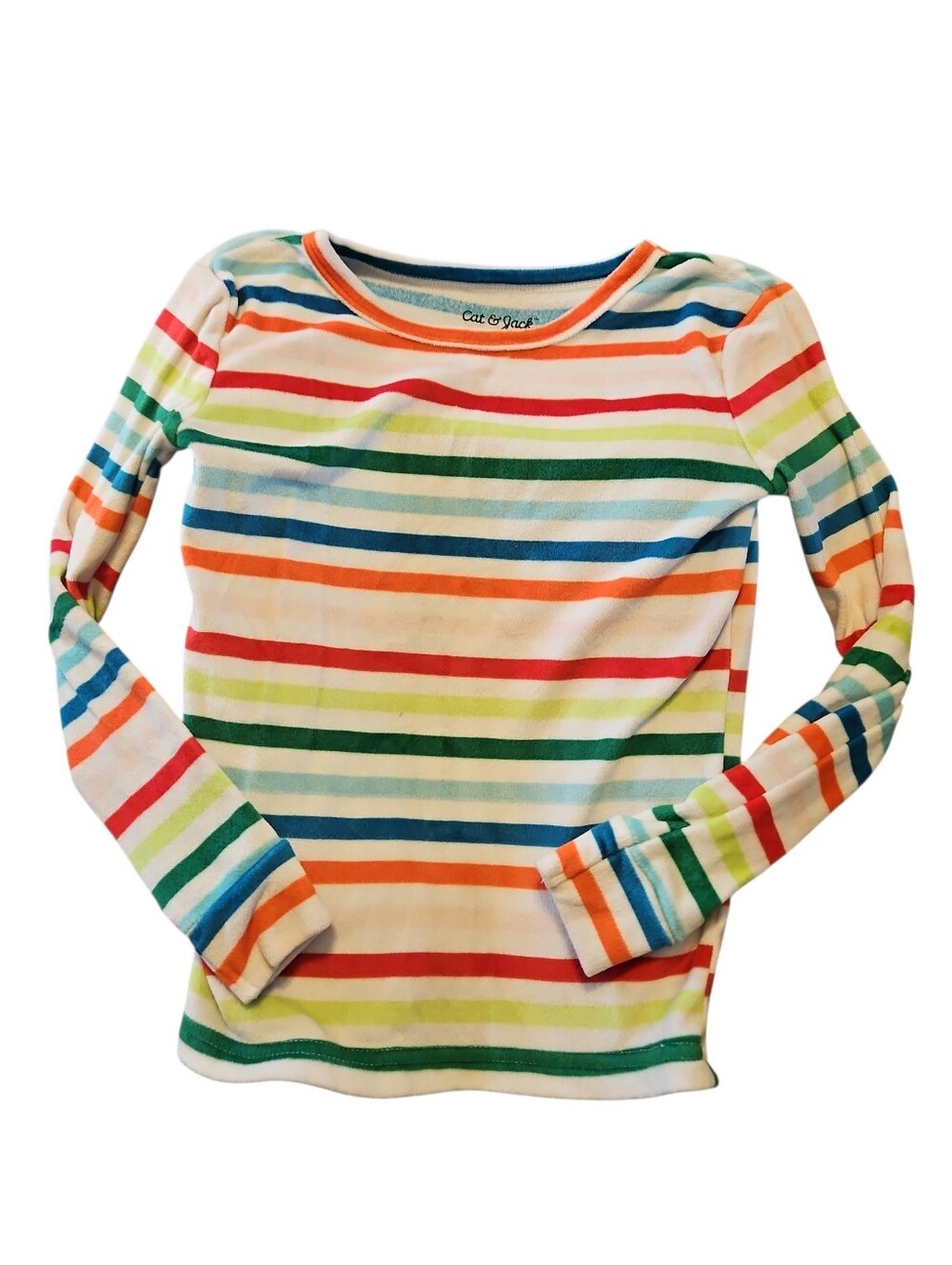 Cat & Jack White Long-Sleeve Pajama Tee with Rainbow Stripes Size 6 Velour Cozy